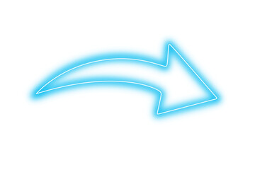 teal blue neon glowing arrow curved direction pointer symbol and modern light sign on transparent ba