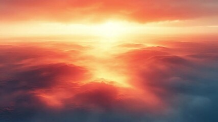 Poster - Sunset Above the Clouds: A breathtaking aerial view of a vibrant sunset piercing through a sea of clouds, casting a warm, fiery glow across the landscape.