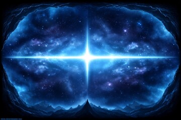 Wall Mural - celestial crossroads - a brilliant star shines brightly, illuminating a dark, mountainous landscape 