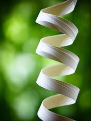 Poster - Elegant Beige Paper Curl Close-Up - A close-up of an elegant beige paper curl, spiraling against a blurred green background. Symbolizing: growth, delicacy, nature, elegance, and design