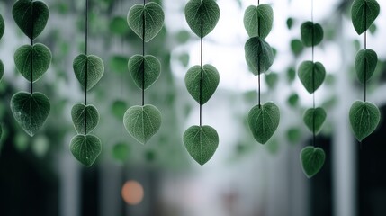 Poster - Hanging Heart-Shaped Green Leaves - Nature's artistry, delicate heart-shaped leaves, hanging vines, serene ambiance, fresh spring