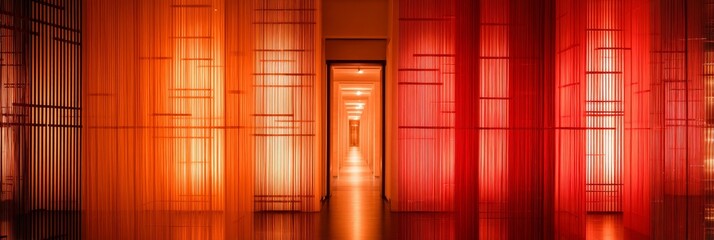 Poster - Red Corridor Mystery - Intriguing of a long corridor with red and orange curtains, creating a sense of mystery and depth