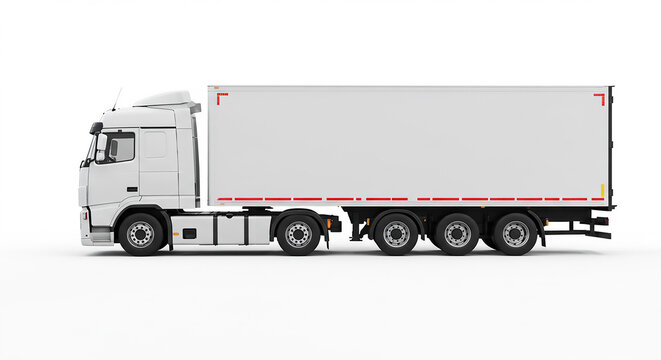A side view of a white semi truck with a trailer on a white background in a studio setting showing detail