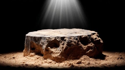 Poster - Stone Pedestal Spotlight - Rough-hewn stone pedestal sits on sand, illuminated by a dramatic spotlight. Perfect for product display or moody backgrounds