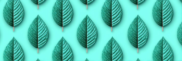 Poster - Teal Leaf Pattern Background - pattern of teal leaves on a light teal background. Perfect for design projects needing a nature-inspired aesthetic