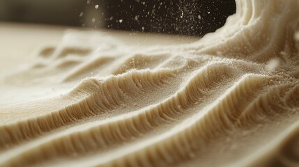 Poster - Close-up of textured, beige dough with flour falling onto it, creating a dynamic, three-dimensional surface.