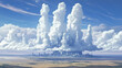 © Thiago - Cumulus clouds towering above a vast plain, height, landscape, cloud, sky. [Cloudborne Cities] | Altitude Zones | sky levels. Illustration
