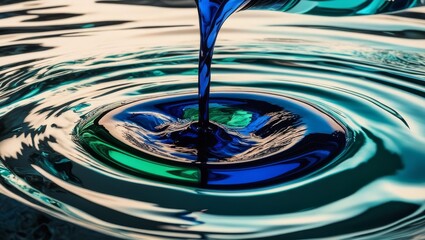 Poster - Ink Drops Dance in Water: Abstract Swirls - Blue ink falls, creating vibrant concentric circles and mesmerizing swirls. Symbolizing fluidity, transformation, serenity, reflection, and impact