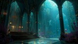 surreal fantasy underwater world castle hall with coral and fish swimming around