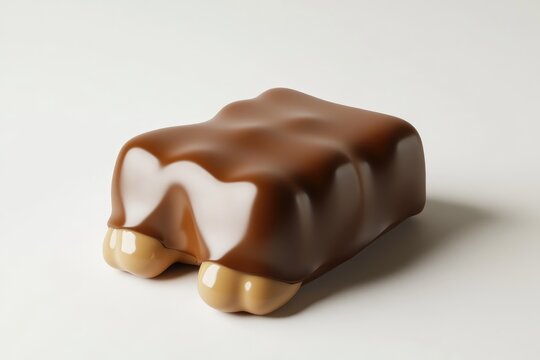 Delicious chocolate candy with caramel and nuts, set against a minimalist white background, rendered with smooth textures and realistic lighting.