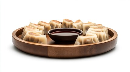 Poster - Delicious gyoza dumplings arranged on a wooden plate with dipping sauce.