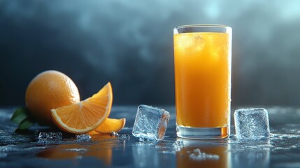 Poster - Refreshing glass of orange juice with ice and orange slices on a dark background.