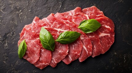 Poster - Thinly sliced raw beef with fresh basil leaves on dark stone background.