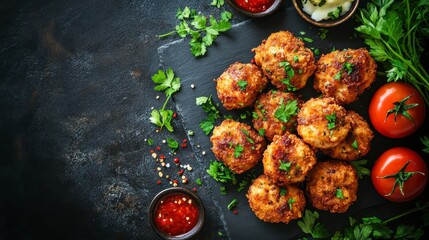 Poster - Crispy fried chicken meatballs with parsley, tomatoes, and dipping sauces on a dark background.