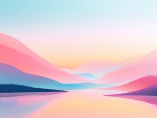 Wall Mural - Serene pastel landscape with gentle mountains and calm waters at sunrise, showcasing soft colors and tranquil scenery for peaceful environments