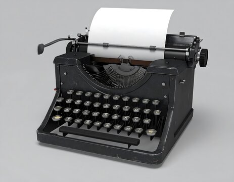 Vintage Black Typewriter With White Paper On Gray Background