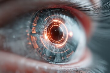 Poster - A close-up of a futuristic eye implant, showing technological enhancement and integration with advanced digital systems, reflecting innovation and augmented reality.
