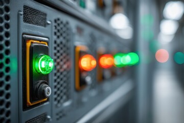 Poster - Close-up of server rack with LED indicators showing network activity and system status, providing a high-tech view of a data center's operational integrity.