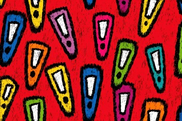 Poster - Vibrant and bold cartoon pattern featuring exclamation marks in various colors, displayed on a textured red background, creating a playful, hand-drawn aesthetic.