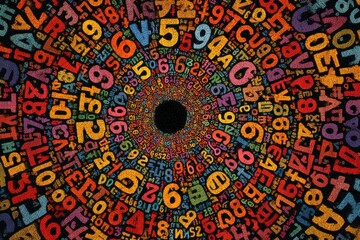 Poster - A colorful and intricate abstract design featuring a vortex of numbers and letters, creating a captivating visual pattern with a dark central point.