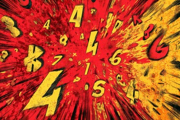 Poster - An explosion of numbers, bursting with energy in a dynamic and vibrant composition, featuring a chaotic array of digits and symbols on red and yellow background.