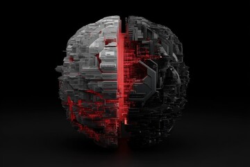 Fototapete - A complex spherical object with intricate circuitry and glowing red accents, featuring a stark contrast between light and dark sides, set against a black background.