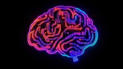 Fototapete - Neon brain circuit board, AI, technology, futuristic concept.