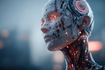 Poster - Detailed close-up of a futuristic humanoid robot with glowing red eyes and intricate mechanical details, set against a blurred, modern cityscape background.