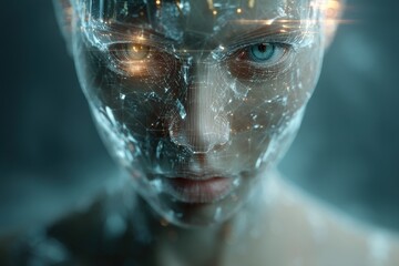 Poster - close-up of a futuristic humanoid face with intricate network patterns, representing artificial inte