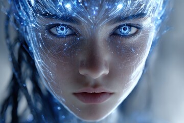 Poster - Close-up portrait of a futuristic woman with glowing blue eyes, adorned with digital patterns and shimmering light, creating an ethereal and technological aesthetic.