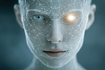 Poster - a futuristic representation of an artificial intelligence concept, depicting a human face constructe