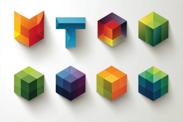 Poster - A collection of colorful geometric shapes, including cubes and letter T, on a white background, casting shadows and creating a vibrant design, art concept.