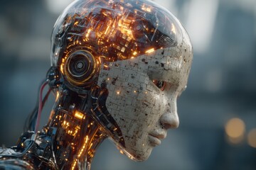 Poster - Detailed close-up of a futuristic humanoid robot head, showcasing intricate circuitry and a smooth, pale exterior, with glowing elements, symbolizing advanced technology.