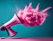 © Alan - surreal megaphone emitting vibrant pink paint cloud in abstract artistic concept representing creativity expression and bold communication on minimalist background