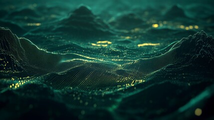 Leinwandbilder - Abstract dark teal and gold digital landscape with glowing particles.