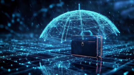 Poster - Digital umbrella protecting briefcase in cyber rain.