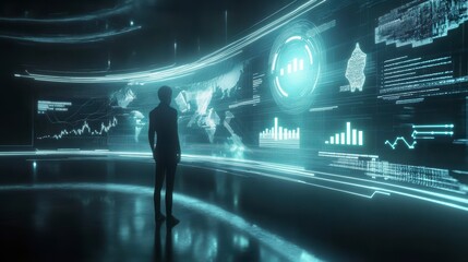Fototapete - Person observing futuristic holographic data displays showing world map, graphs, and charts.