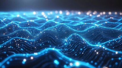 Leinwandbilder - Abstract blue digital wave background with glowing particles.