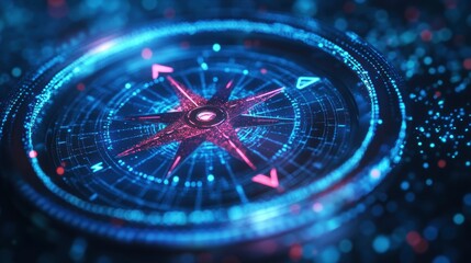 Fototapete - Futuristic digital compass with glowing interface and navigation arrows.
