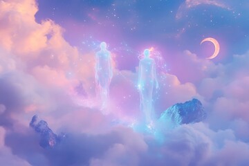 Wall Mural - Surreal cosmic connection between ethereal figures in a dreamlike cloudscape