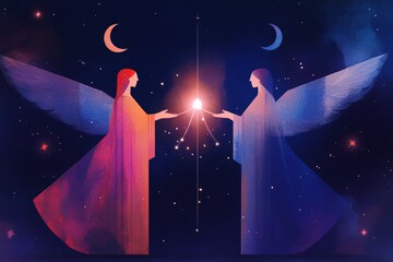 Wall Mural - Surreal stellar connection with celestial figures exchanging light