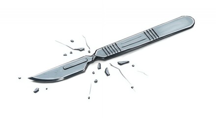 Poster - Broken Metal Scalpel with Shattered Pieces Isolated on White Screen Background Showing Damage Damage Recycle Concept and Minimalist Studio Shot Illustration