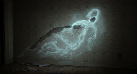 Poster - Broken Textured Wall with Ghostly Poltergeist Residue Isolated on White Screen Background Eerie Damage and Haunted Atmosphere Illustrating a Supernatural Horror Scene