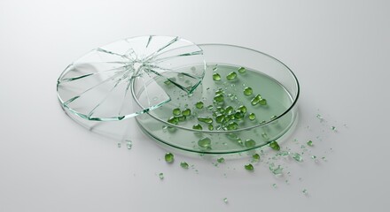 Poster - Broken Transparent Petri Dish with Green Liquid Isolated on White Screen Background Perfect for Medical or Scientific Themed Visuals with Focus on Damage and Repair