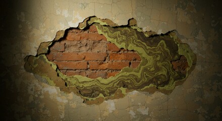 Poster - Corroded Brick Wall with Dissolving Paint Showing Battery Acid Leak Isolated on White Screen Background Ideal for Industrial Decay and Environmental Theme