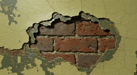 Poster - Corroded Wall with Dissolving Paint Exposing Brickwork Isolated on White Screen Background Featuring Damaged Texture Reuse and Recycle Concepts Clean Studio Shot for Ads and Promotions