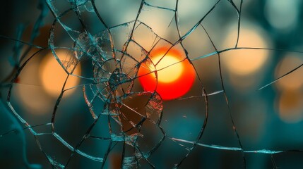 A shattered glass window is prominently displayed in the foreground of a sunset cityscape