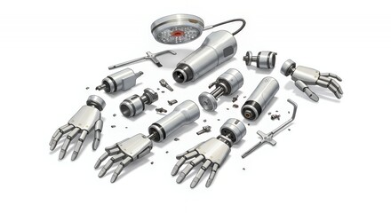 Poster - Dismembered Surgical Robot Arm Scattered Metallic Limbs on Isolated White Screen Background