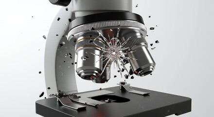 Poster - Dramatic Close Up of Shattered Microscope Isolated on White Screen Background Symbolizing Scientific Setbacks and Equipment Malfunction For Decoration