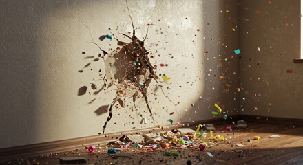 Poster - Dramatic Wall Break Isolated on White Screen Background with Colorful Confetti in a Studio Setting for Ads Promotion